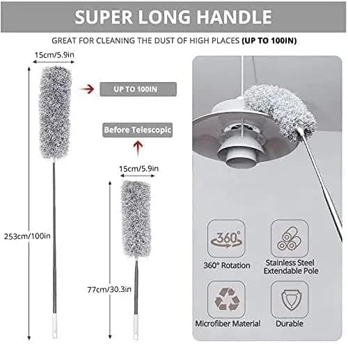 Upgraded Long Handle Microfiber Feather Ceiling Duster for Dust Cleaning Extendable Pole 30-100 Inch for Cleaning High Cobweb Stick High Ceiling Fan - Stainless Steel,Grey GenzVybs