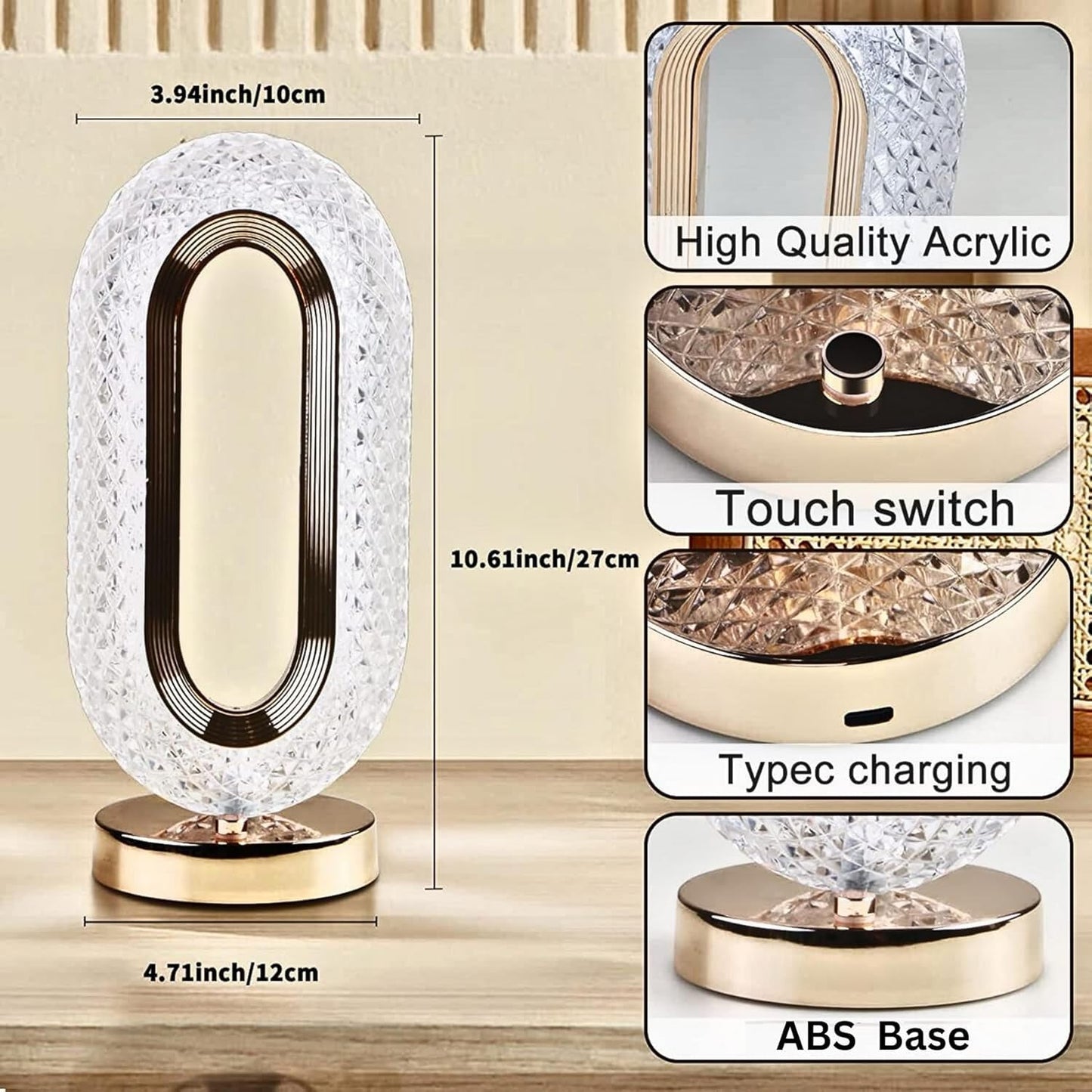 Oval Crystal Table Lamp Touch Control LED Light with 3 Levels Brightness Rechargeable Lamp Room Decor Night Light for Bedroom, Living, Home Office, Desk Decorations, Gift GenzVybs
