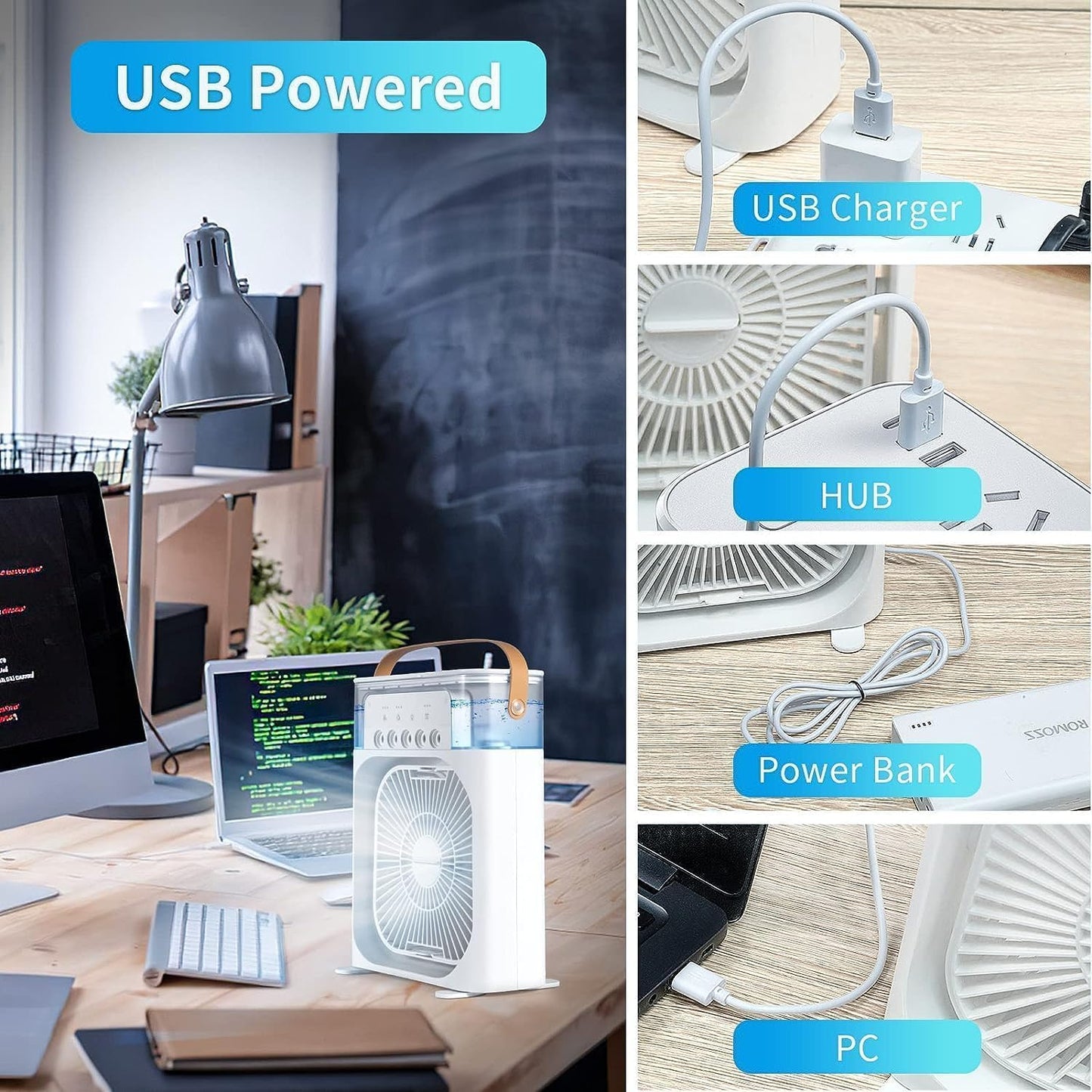 Portable Air Conditioners - Small AC Quiet Personal Air Cooler, USB Powered Mini Desktop Cooling Misting Fan, 1 | 2 | 3 Timer 3 Smart Speeds, 360°Adjustment Office, Home, Room, Carved Design MULTI GenzVybs